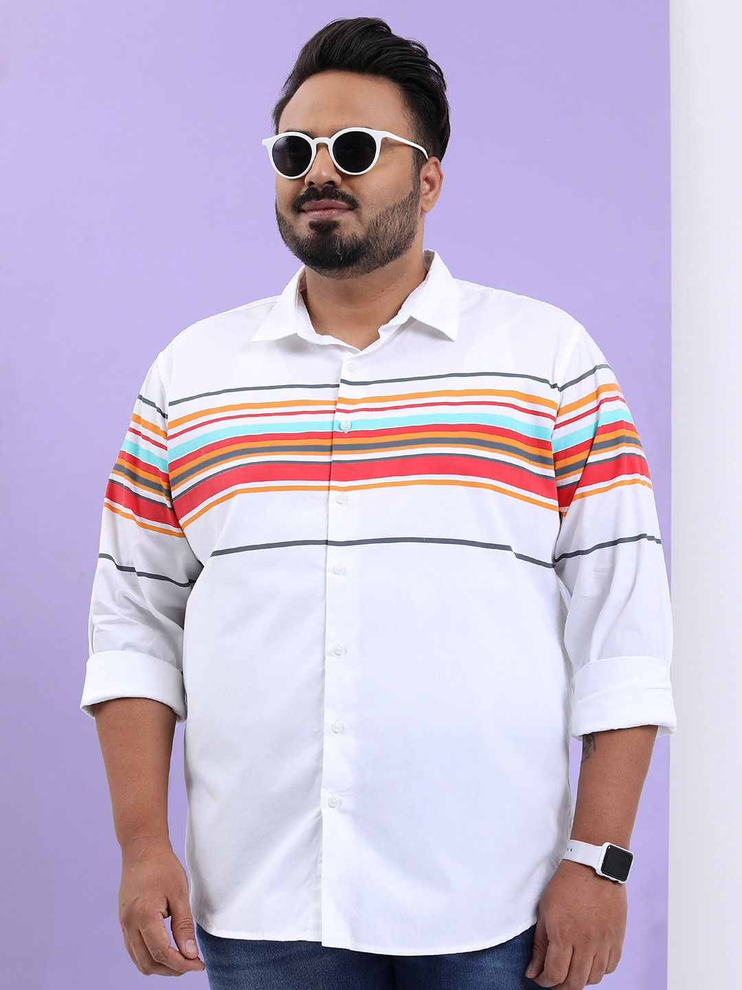 HIGHLANDER Plus Size Horizontal Striped Cotton Shirt