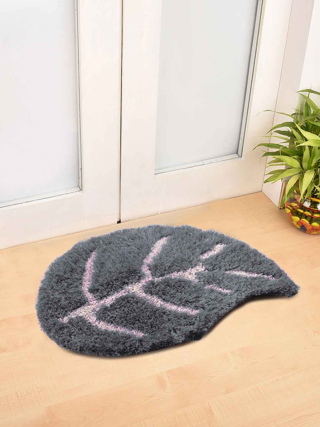 FABINALIV Grey & Pink Floral Leaf Shaped Anti-Skid Doormat
