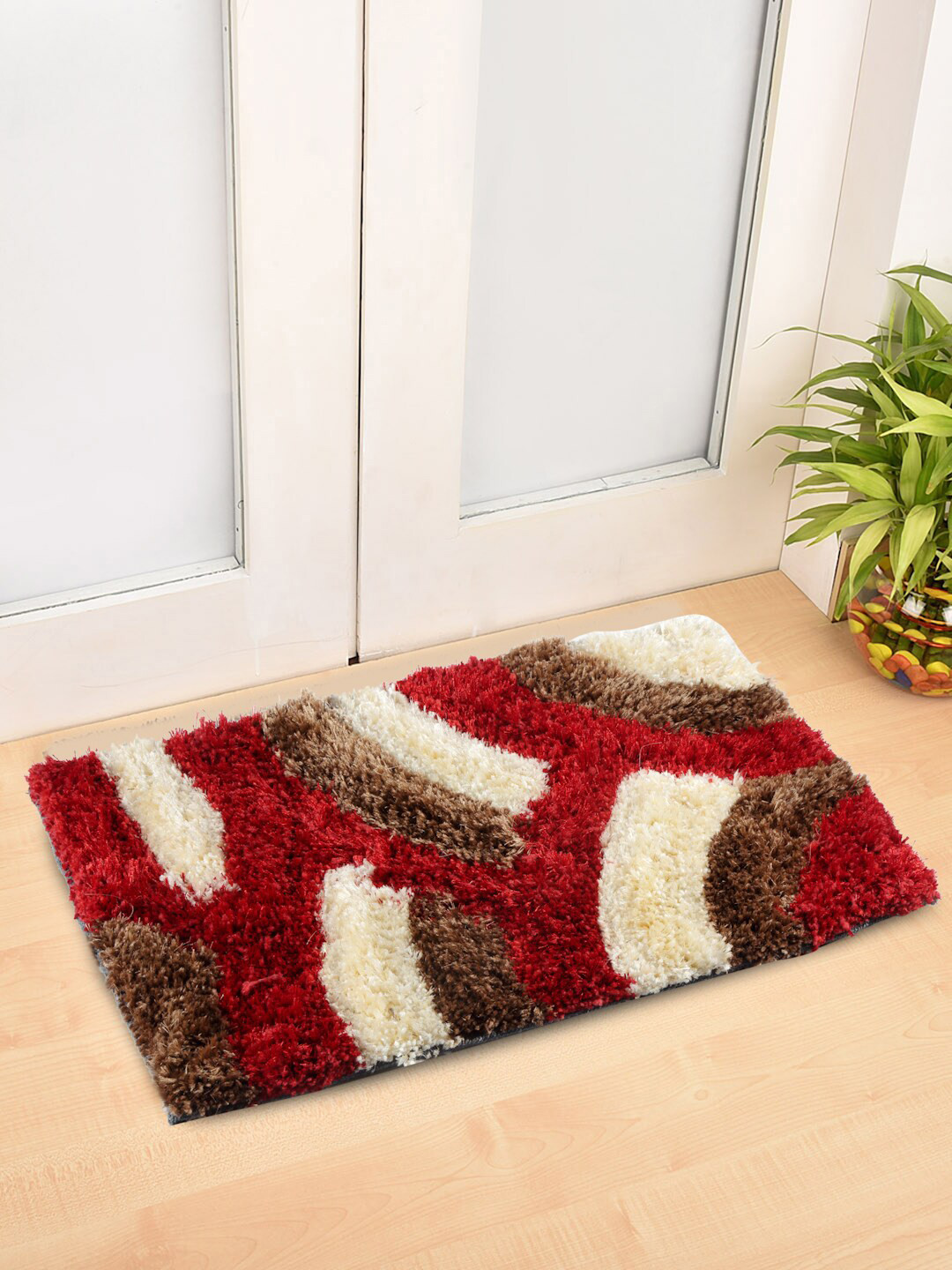 FABINALIV Red & Brown Geometric Anti-Skid Rectangular Doormat