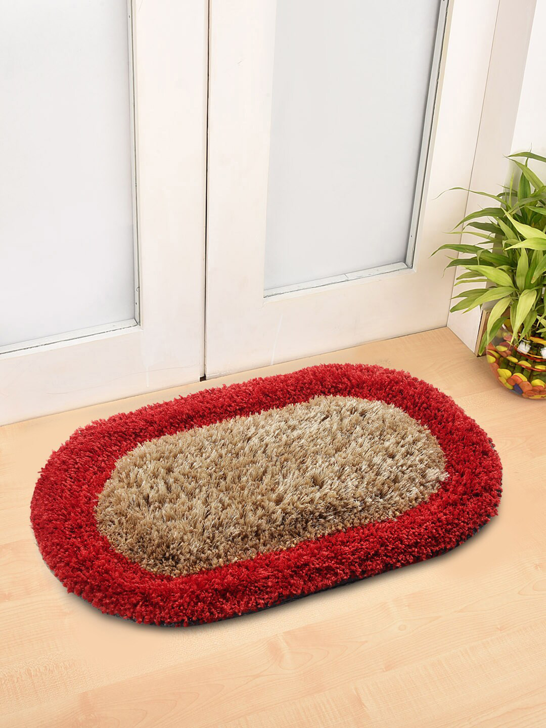 FABINALIV Red & Beige Anti-Skid Fade Resistant Doormat