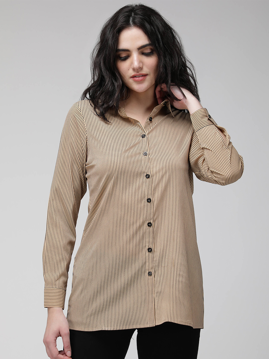 IDK Beige Vertical Striped Shirt Style Longline Top