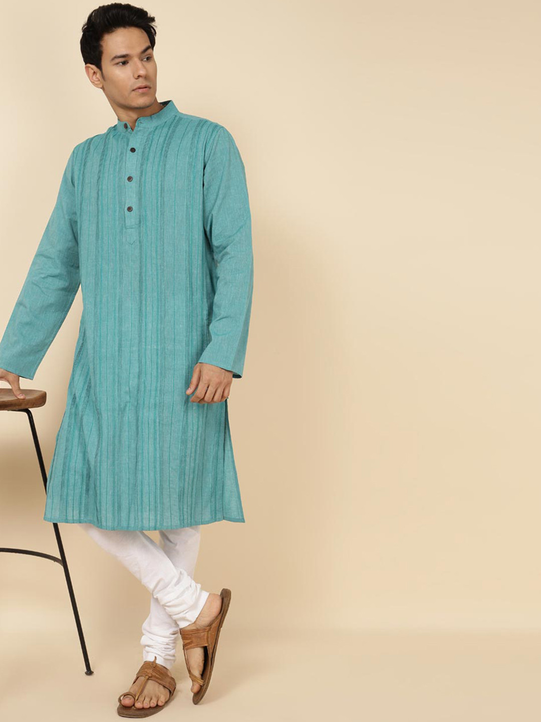 Fabindia Pintucks Striped Band Collar Cotton Kurta