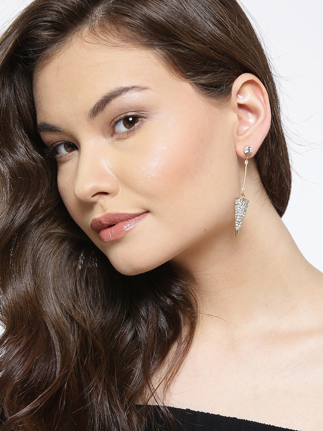YouBella Off-White Gold-Plated Stone-Studded Triangular Drop Earrings
