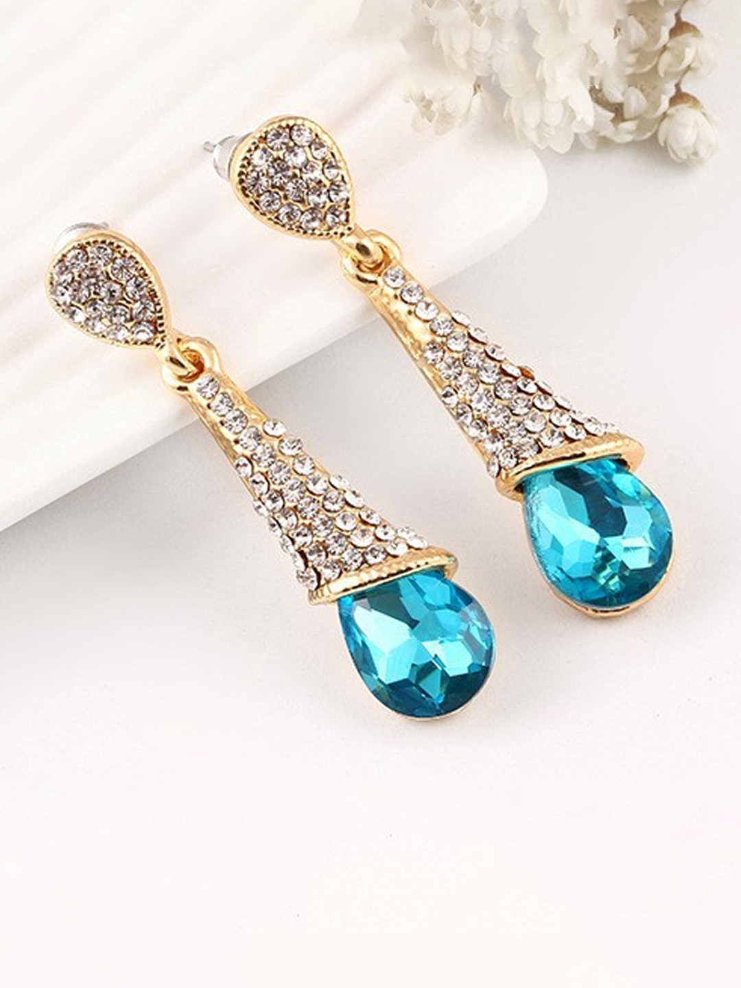 YouBella Blue Gold-Plated Teardrop Shaped Drop Earrings