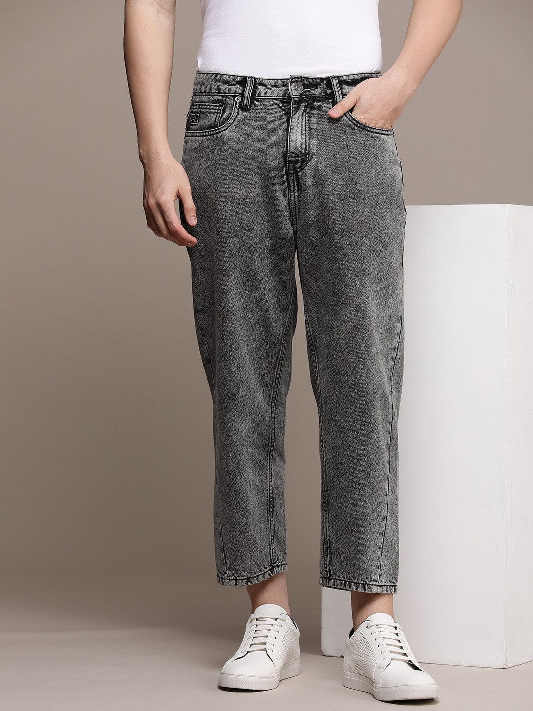 French Connection Men Pure Cotton Loose Crop Fit Heavy Fade Acid Wash Mid-Rise Jeans