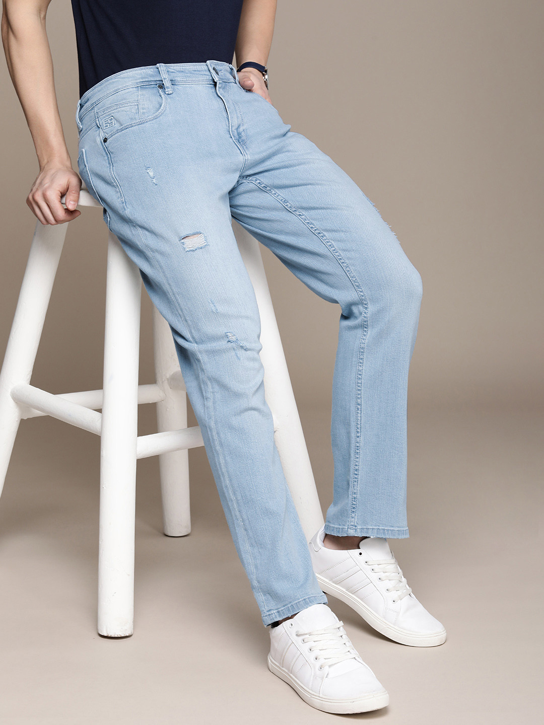 French Connection Men Mid-Rise Regular Fit Mildly Distressed Light Shade Stretchable Jeans