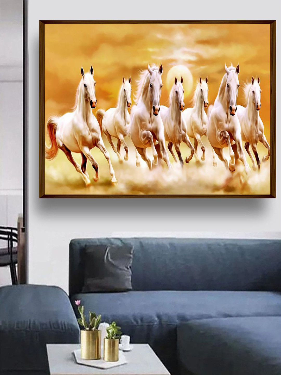 The Art House Orange & White 7 Horses Painting Framed Wall Art