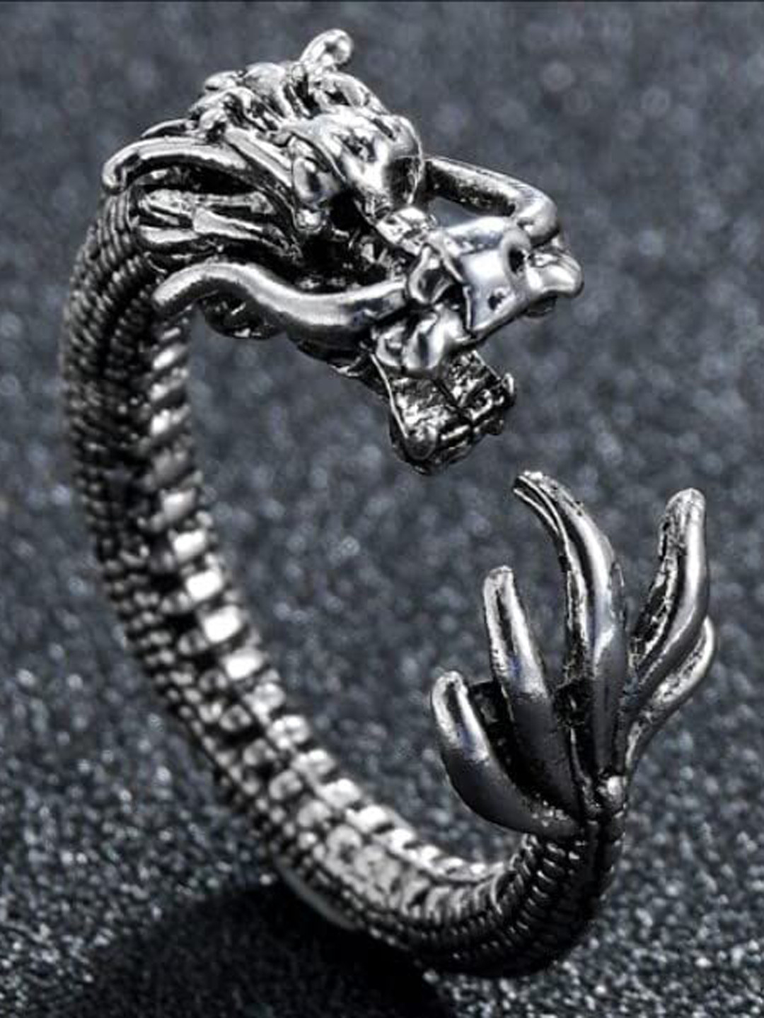 VIEN Silver-Plated Intricate Textured Adjustable Dragon Ring Finger Ring