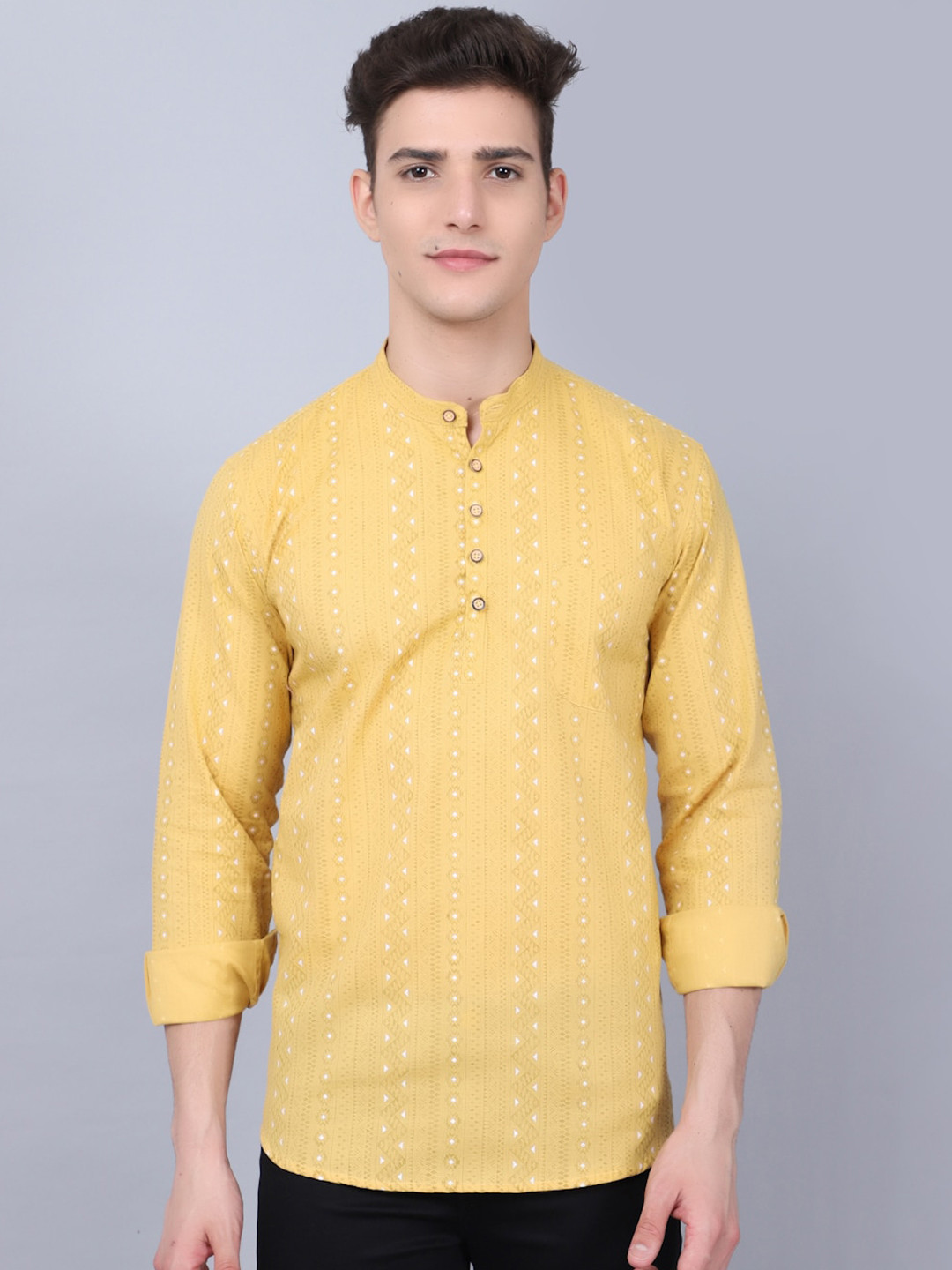 Majestic Man Geometric Printed Band Collar Pure Cotton Short Kurta