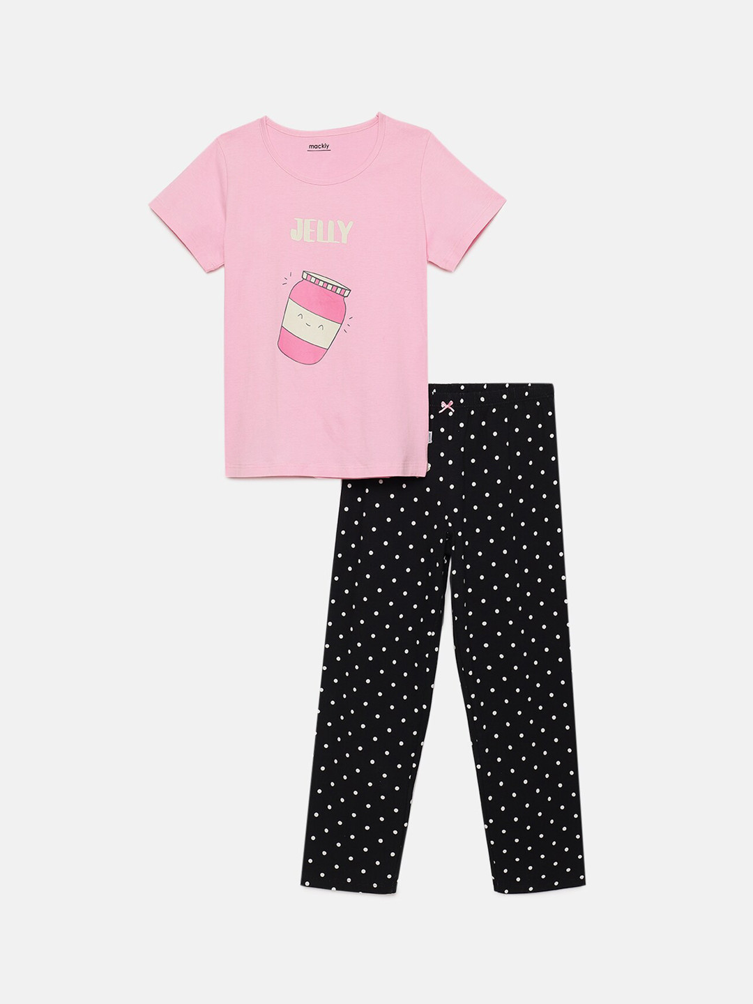 mackly Girls Black Graphic Printed Night Suit