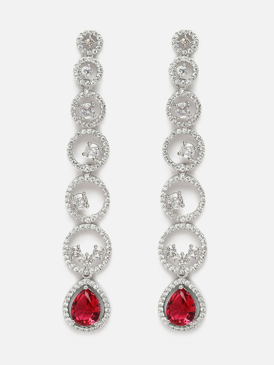 Aazeen Rhodium-Plated Circular American Diamond Studded Drop Earrings