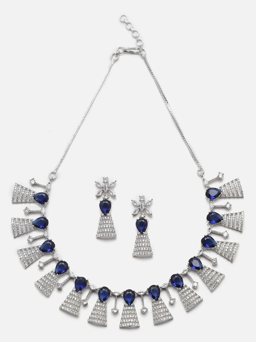 Aazeen Rhodium-Plated AD-Studded American Diamond Studded Jewellery Set