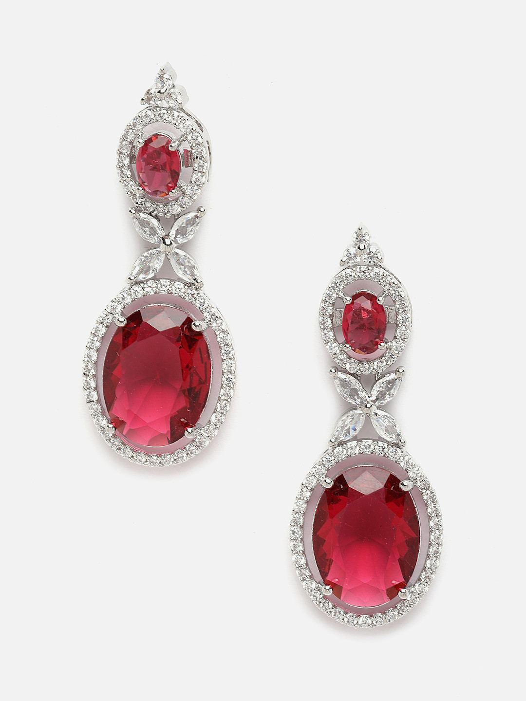 Aazeen Rhodium-Plated Oval American Diamond Studded Drop Earrings