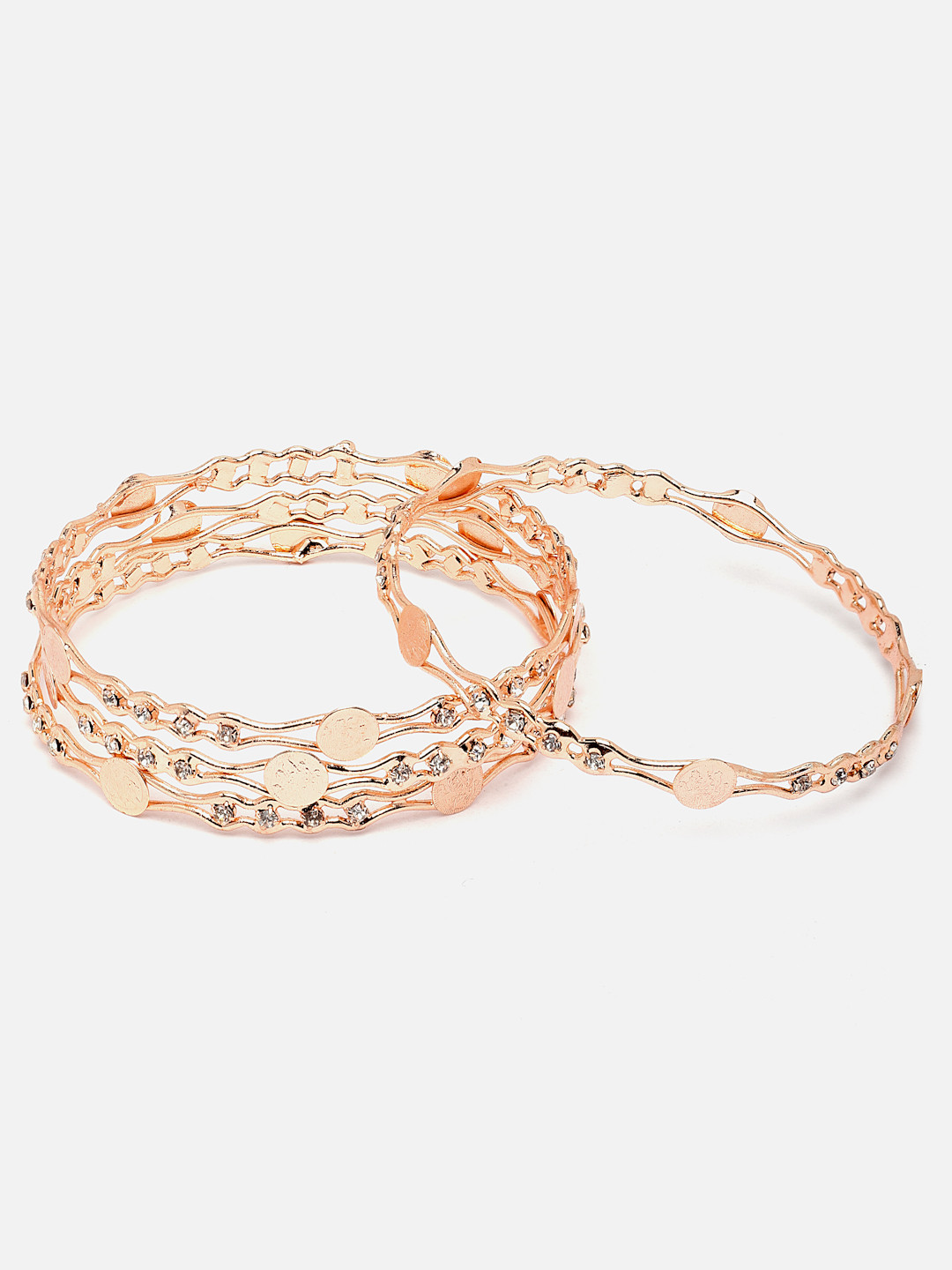 Aazeen Set Of 4 Rose Gold-Plated AD-Studded Temple Coin Bangles