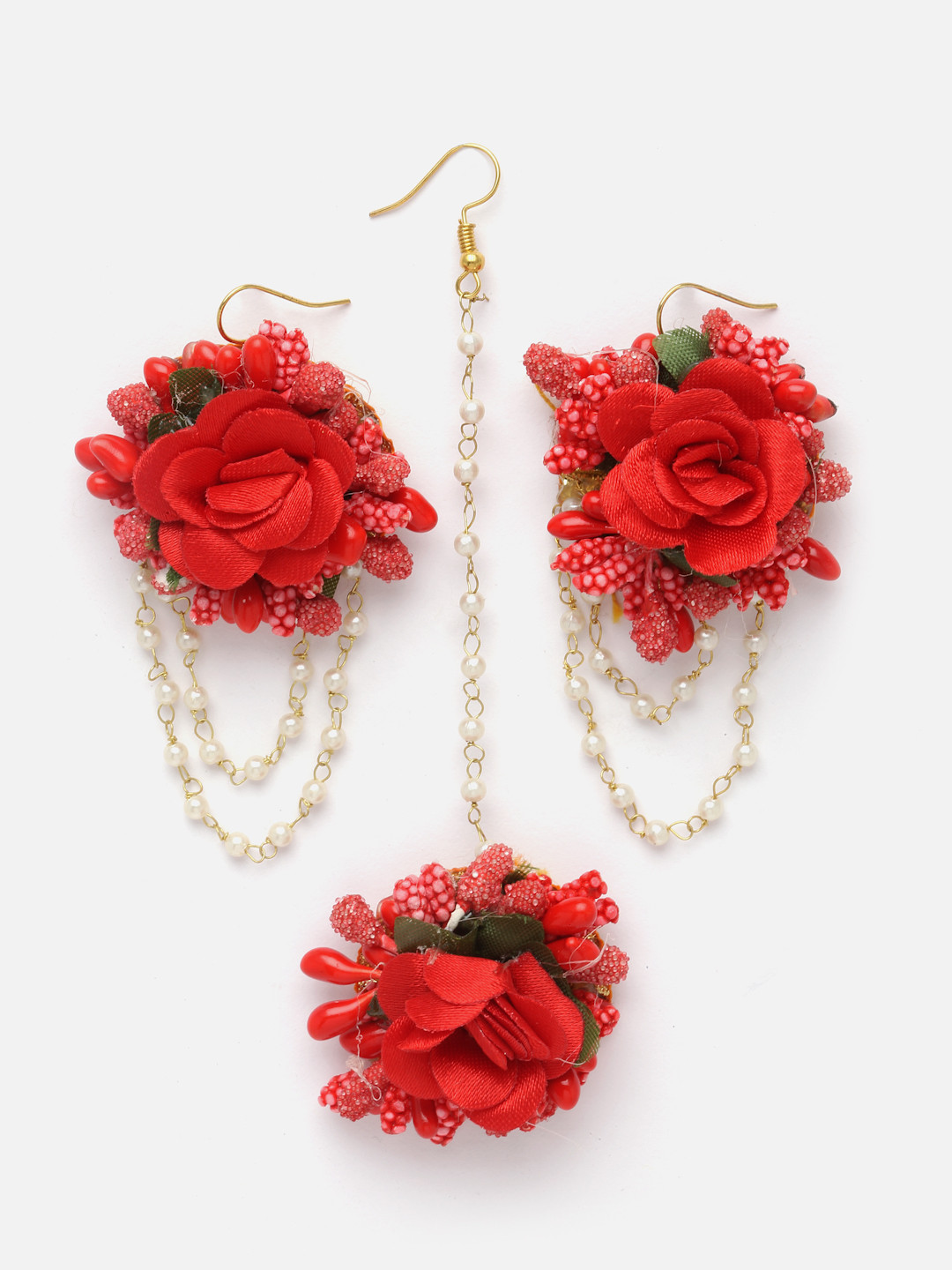 Aazeen Gold-Plated Floral-Pearl Beaded Haldi & Mehendi Maang Tika with Earrings