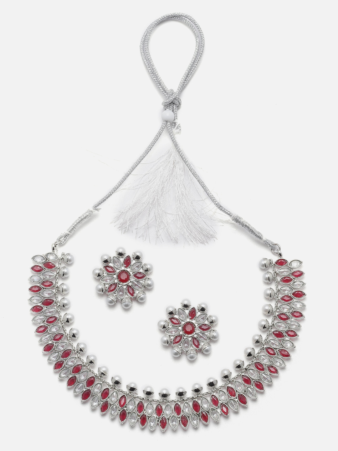 Aazeen Rhodium-Plated American Diamond & White Pearl Studded Jewellery Set