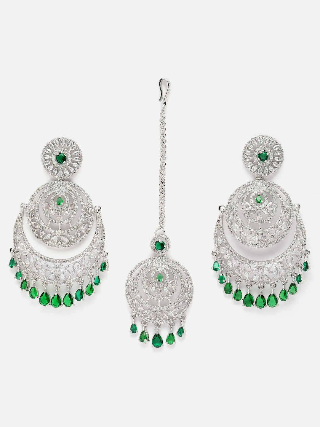 Aazeen Rhodium-Plated AD Studded Crescent Maang Tikka with Dangle Drop Earrings