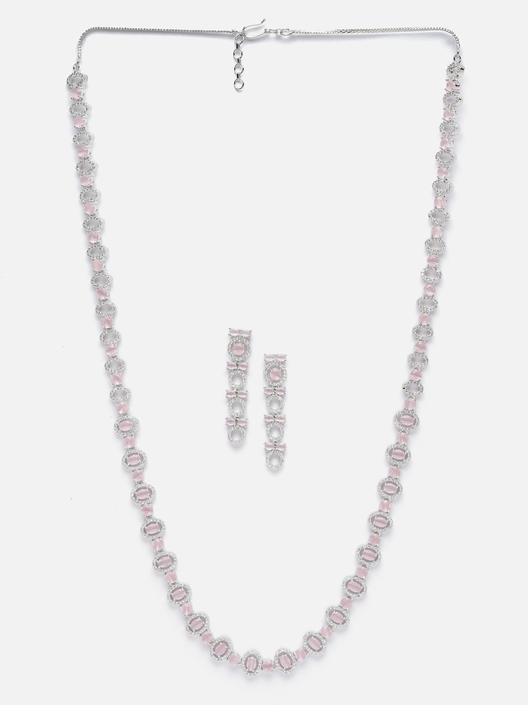 Aazeen Rhodium-Plated AD Stone Studded Oval Shaped American Diamond Studded Jewellery Set