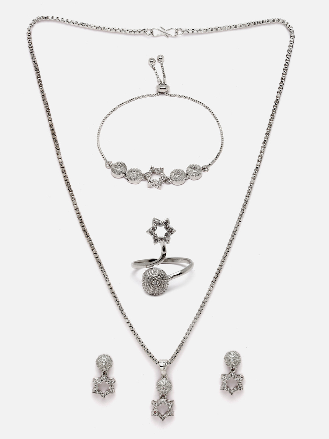 Aazeen Rhodium-Plated American Diamond Studded Star Shaped Jewellery Set
