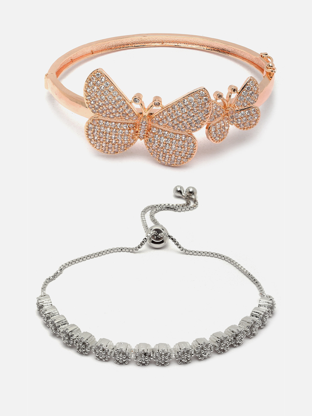 Aazeen 2Pcs Rose-Gold & Rhodium-Plated American Diamond Cuff Bracelet