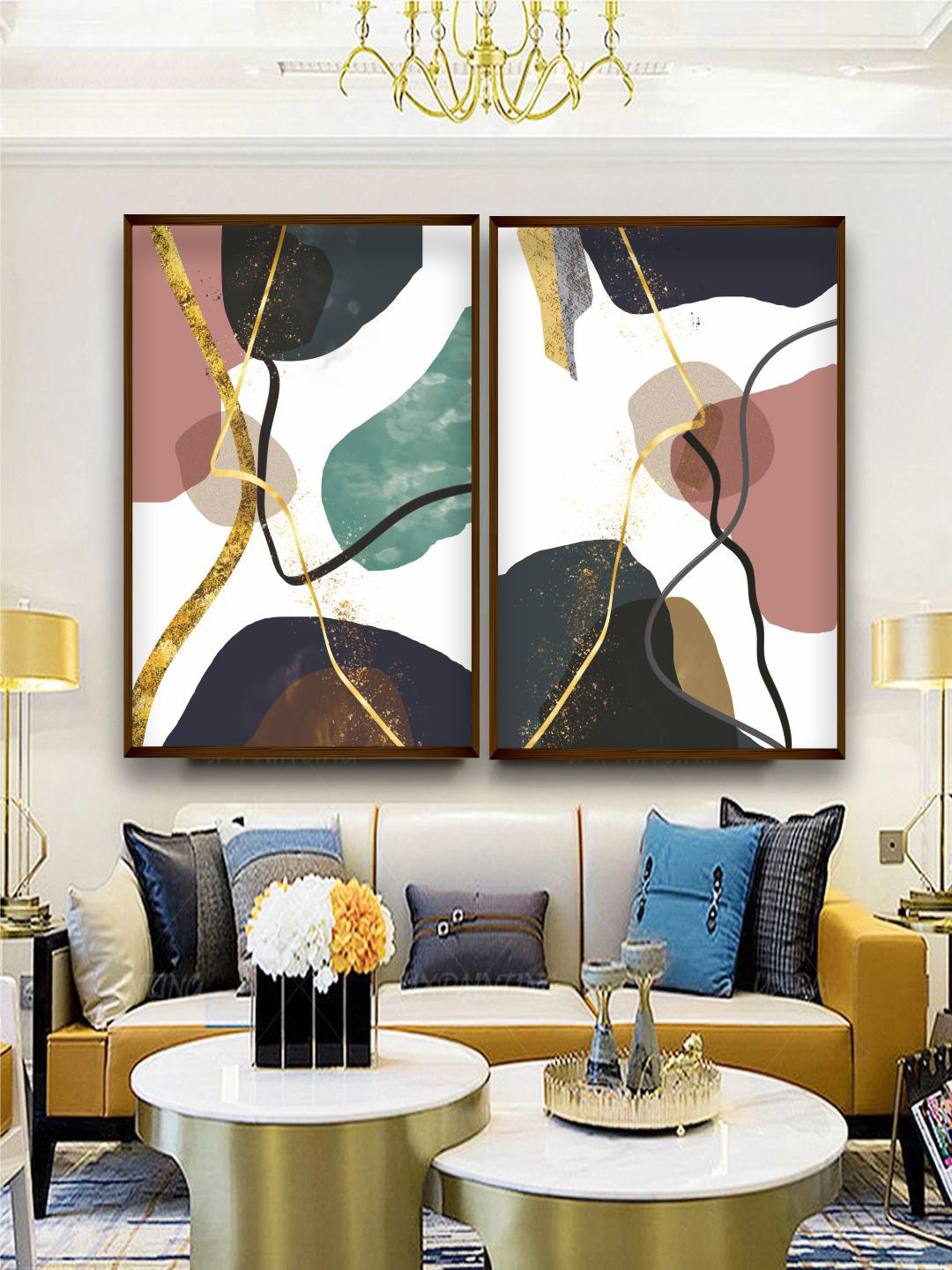 The Art House 2-Pcs White & Pink Abstract Printed Framed Wall Painting