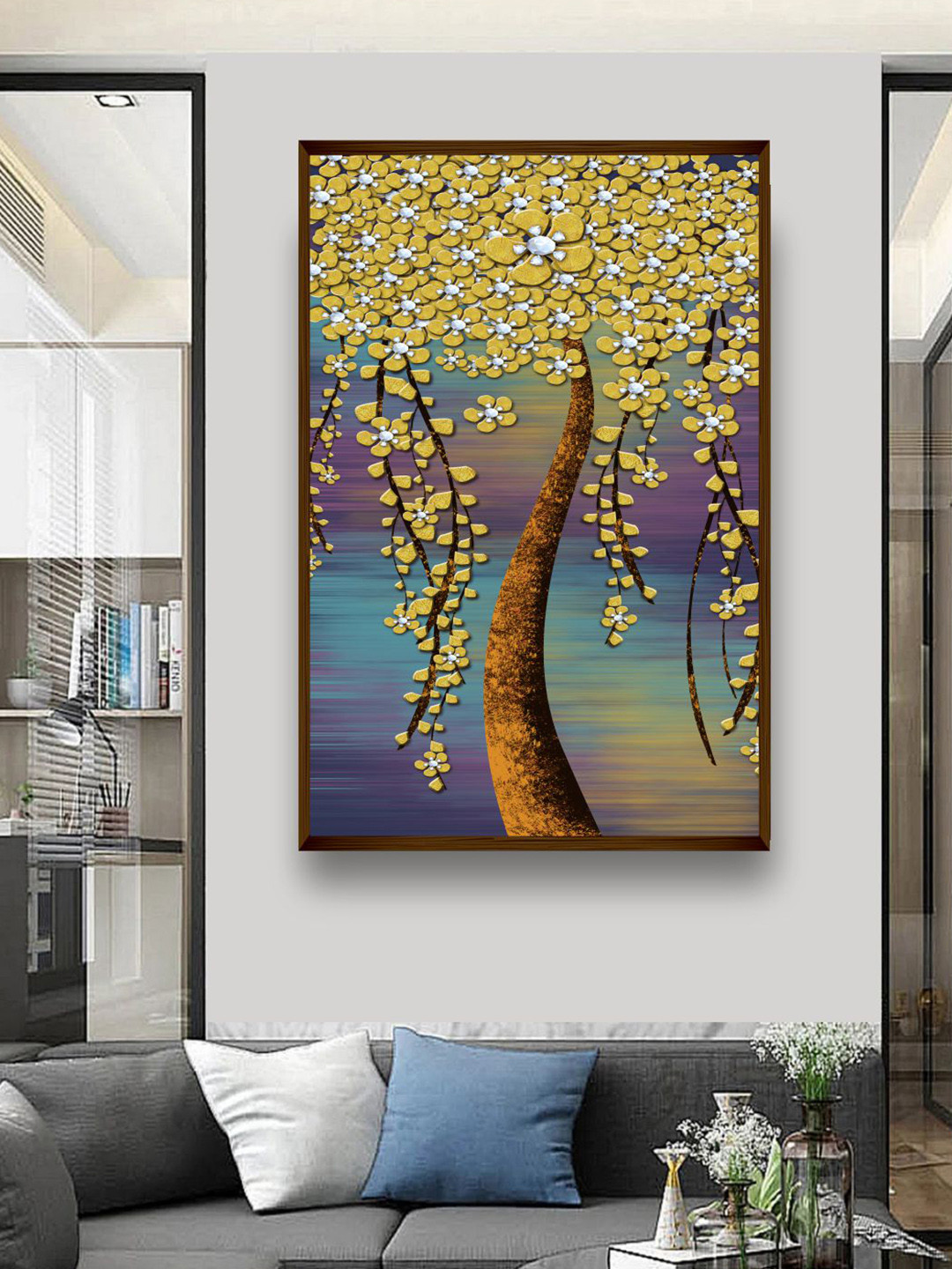 The Art House Yellow & Blue Floral Abstract Printed Framed Wall Painting
