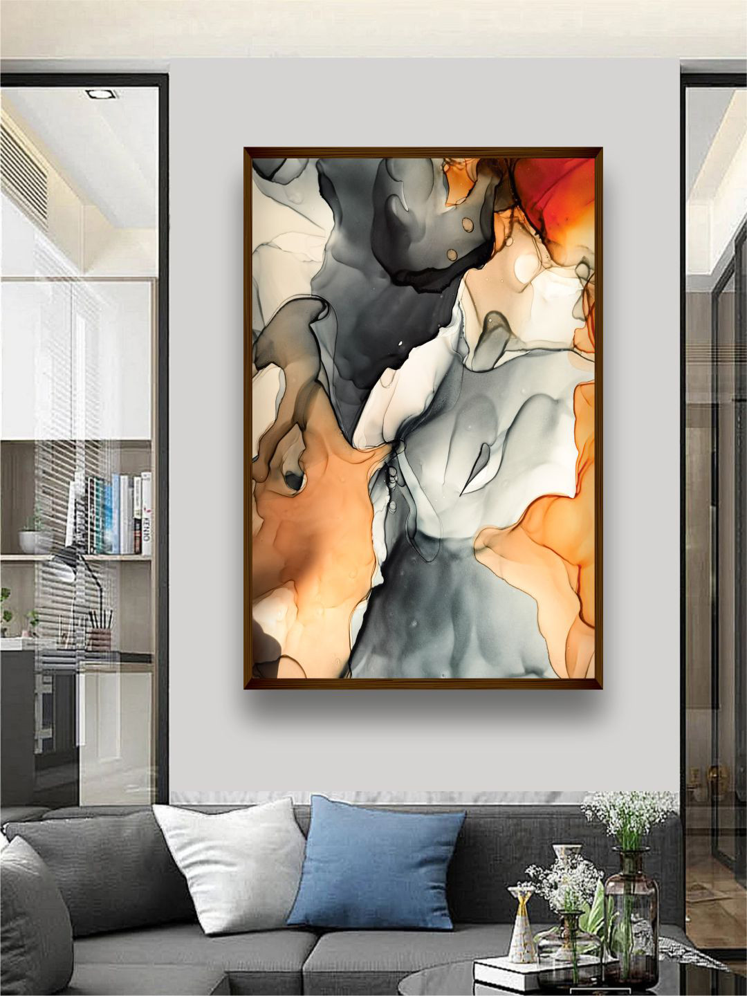 The Art House Grey & Peach-Coloured Abstract Painting Framed Wall Art