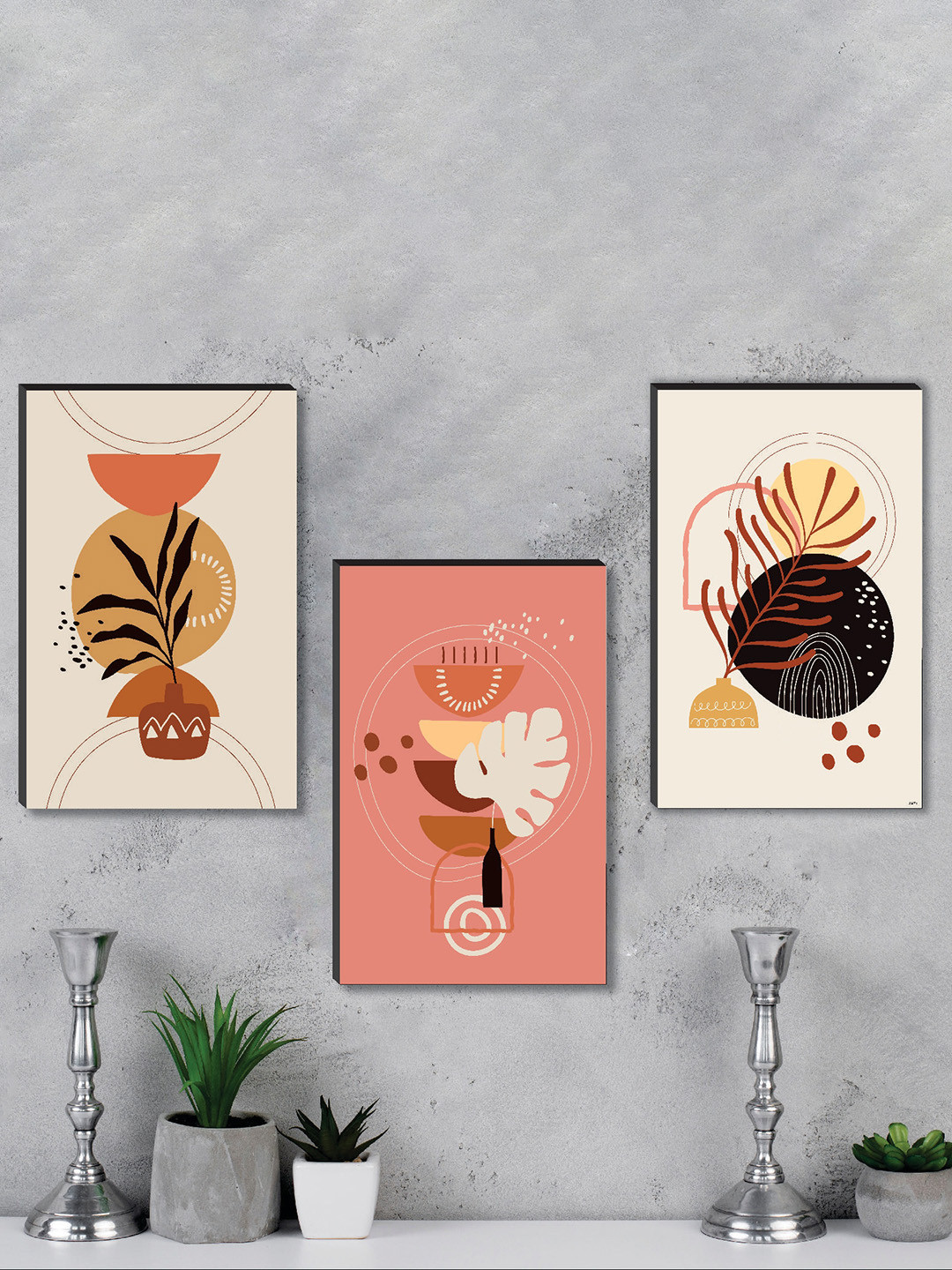 SAF Peach & Beige 3 Pieces Floral Printed Framed Wall Art