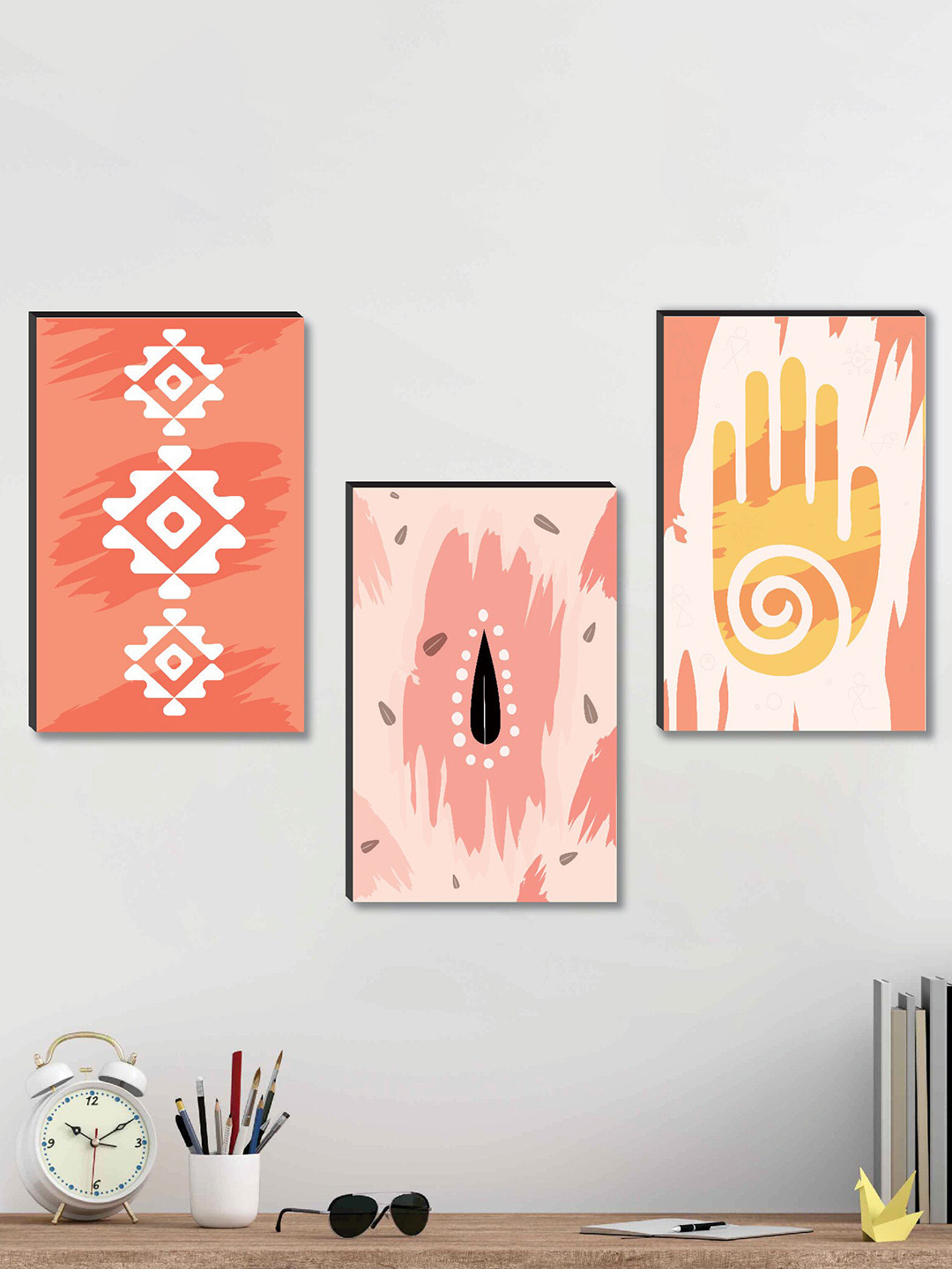 SAF Orange & Pink 3 Pieces Modern Art Wall Painting
