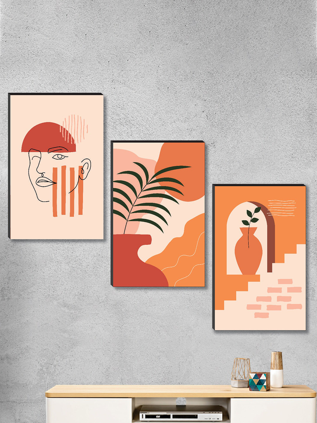 SAF Cream & Orange 3 Pieces Modern Art Painted Framed Wall Arts