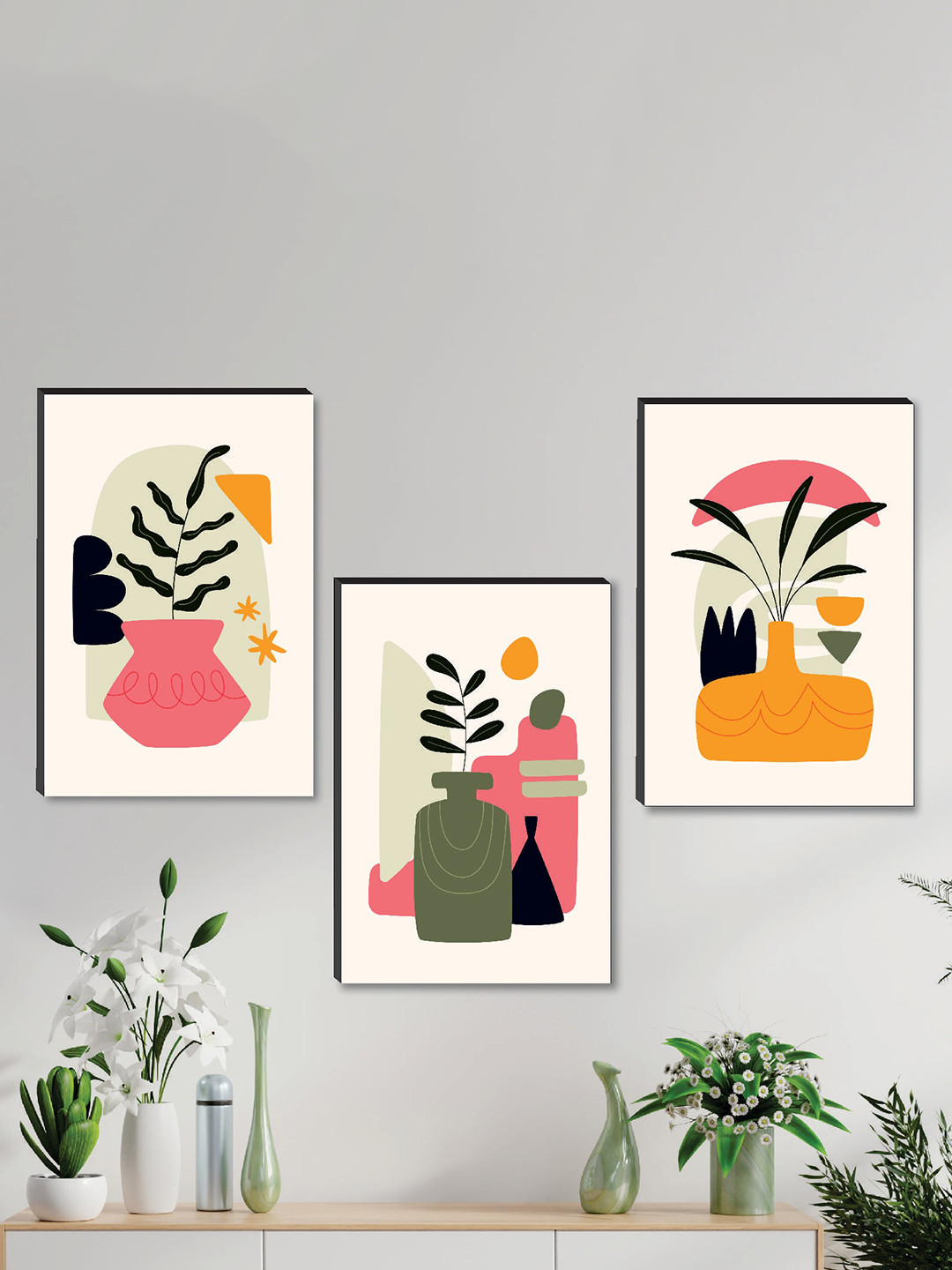 SAF Cream & Pink 3 Pieces Modern Art Hand-Painted Wall Art