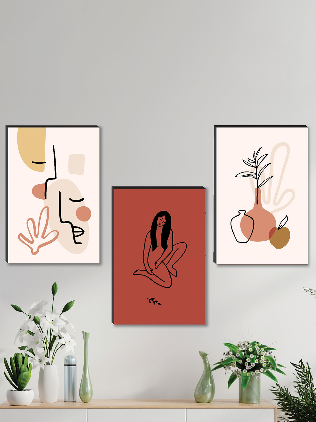 SAF Cream Wood 3 Pcs Wall Bedroom Rectangle Potrait Paintings Wall Art -0.90 x 17.72In