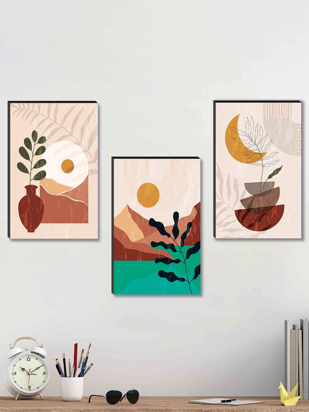SAF 3 Piece Beige & Green Abstract Painting Framed Wall Art