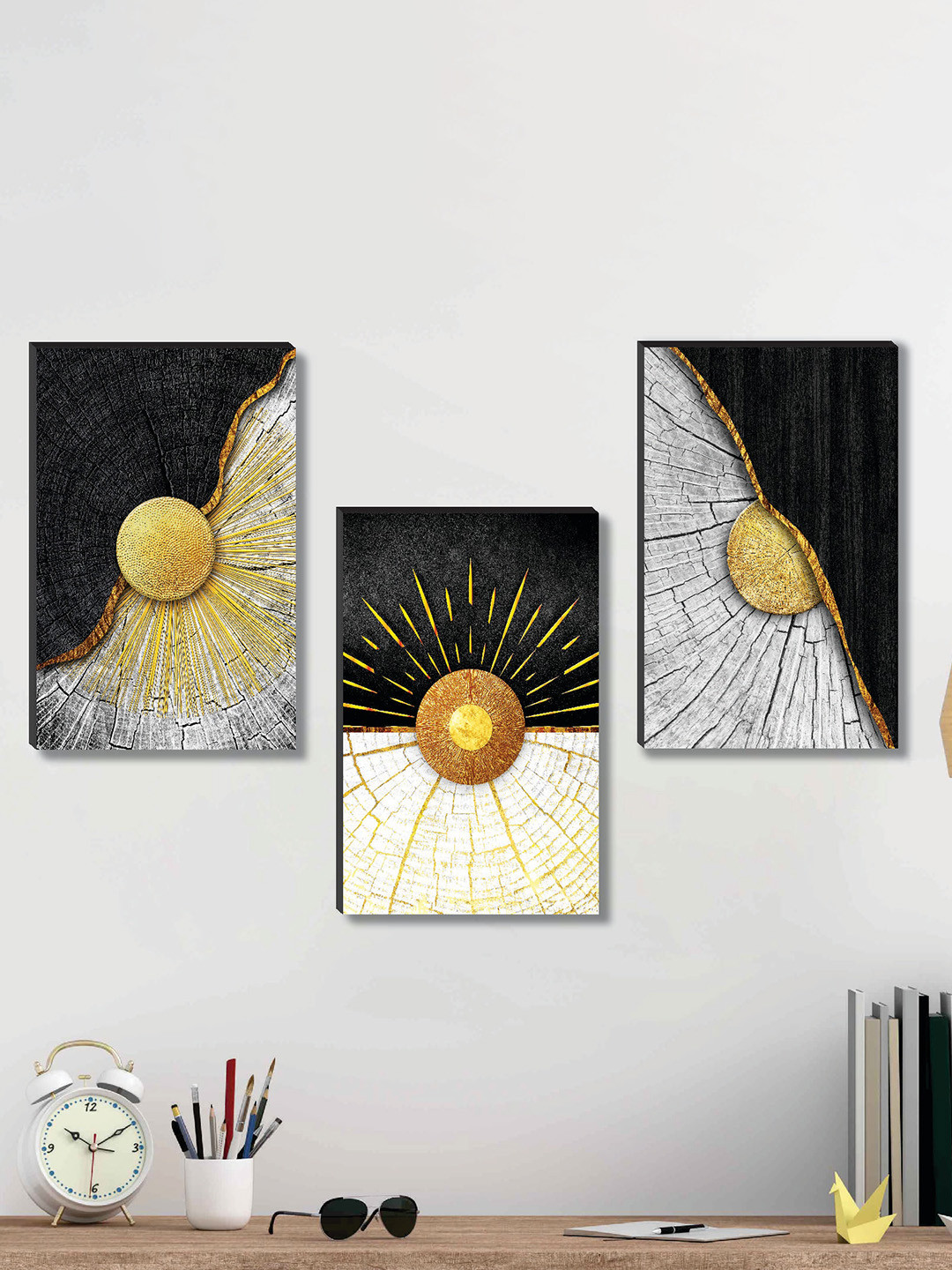 SAF 3 Piece Black & Yellow Abstract Painting Framed Wall Art