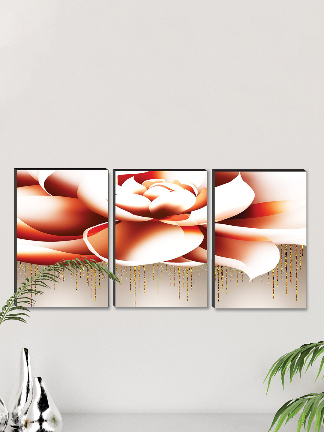 SAF Cream & Orange 3 Pieces Floral Framed Wall Paintings