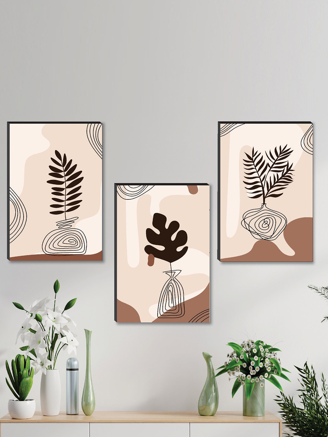 SAF 3 Piece Cream & Brown Abstract Painting Framed Wall Art