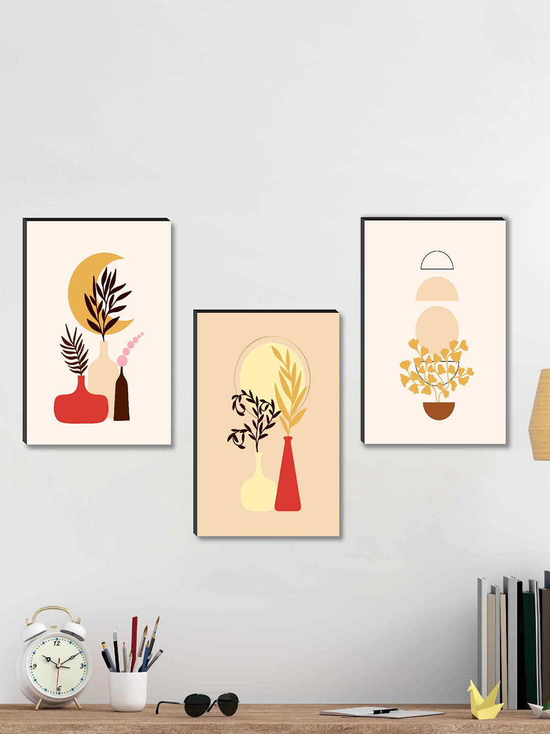 SAF 3-Pcs Cream & Red 3-Pieces Printed Modern Art Wall Painting