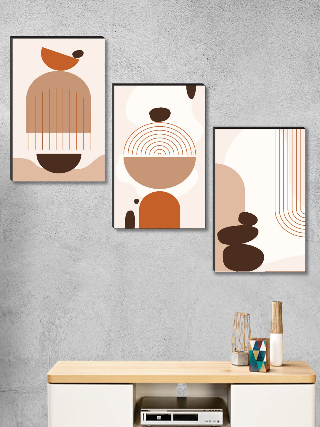 SAF 3 Piece Cream & Beige Abstract Printed Framed Wall Painting