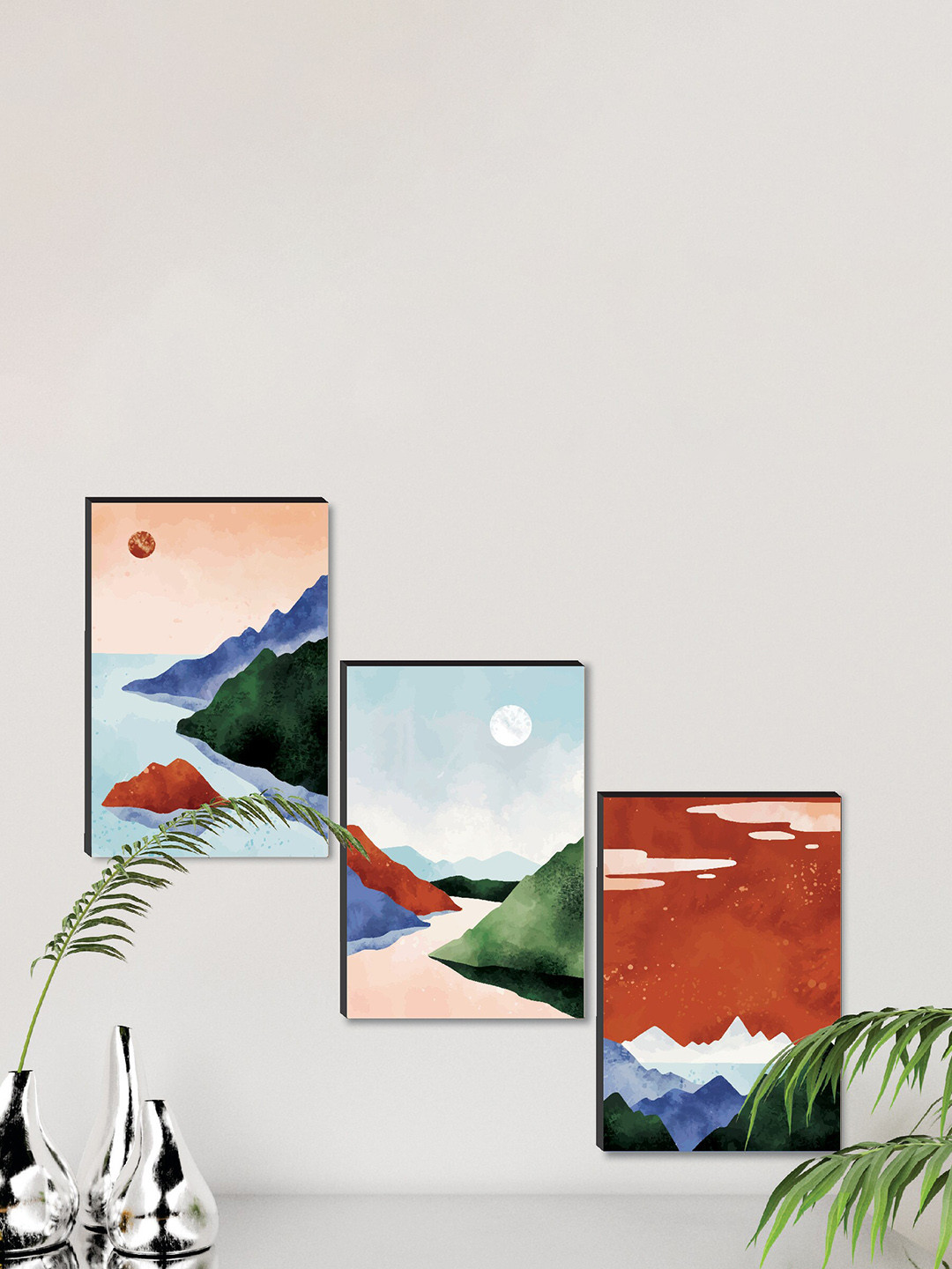 SAF 3 Piece Blue & Brown Abstract Painting Framed Wall Art