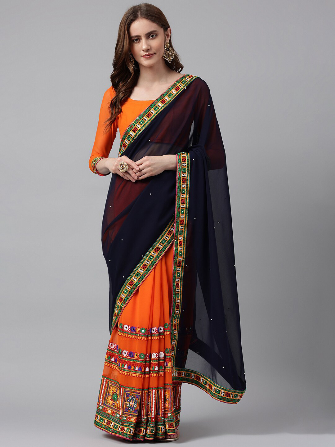 RAJGRANTH Orange & Black Kutchi Embroidered Pure Georgette Half and Half Saree