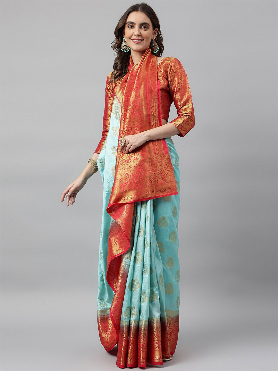 RAJGRANTH Turquoise Blue & Pink Ethnic Motifs Woven Design Zari Silk Blend Banarasi Saree
