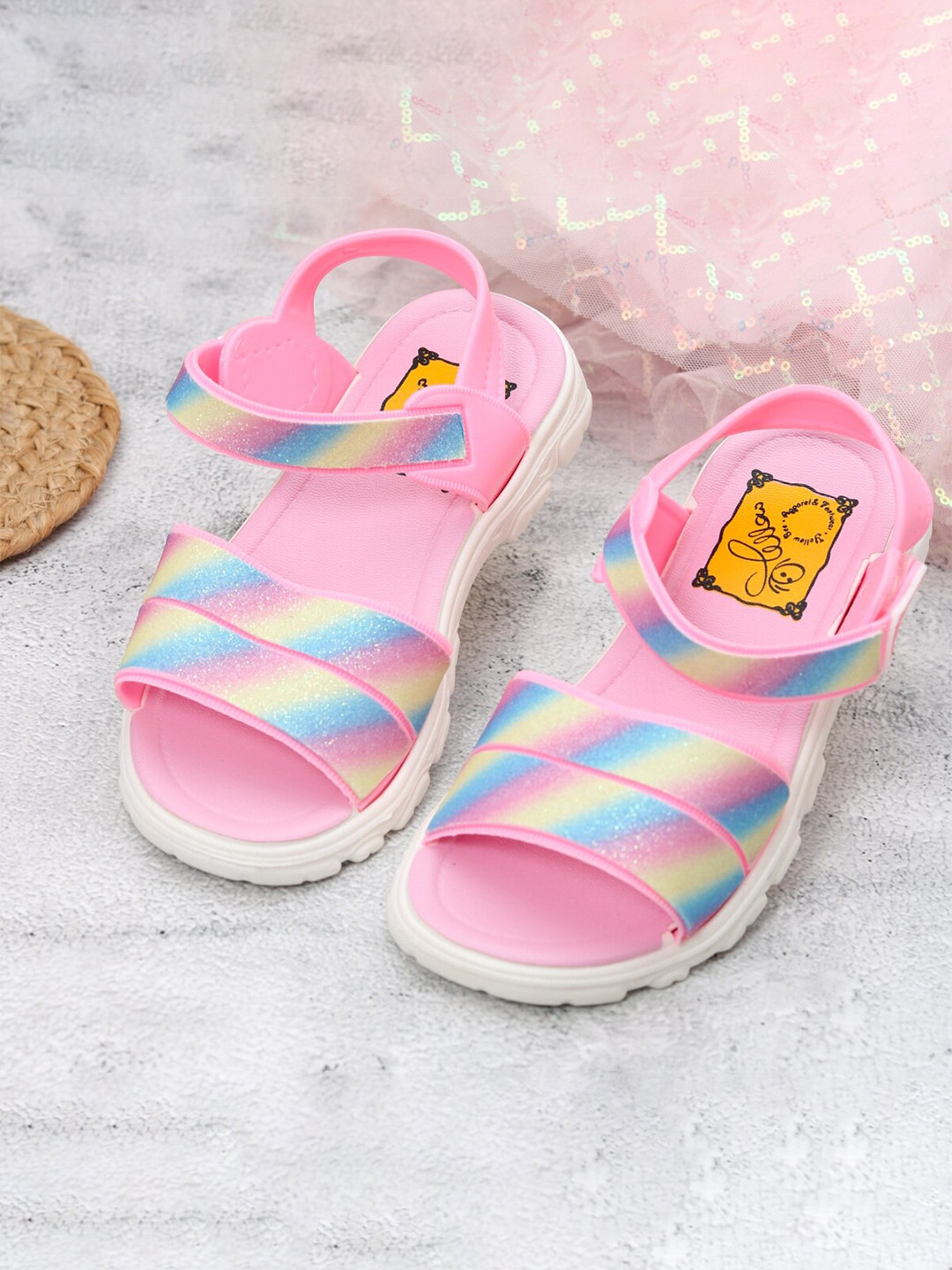 Yellow Bee Girls Striped Open Toe Flats With Velcro Closure