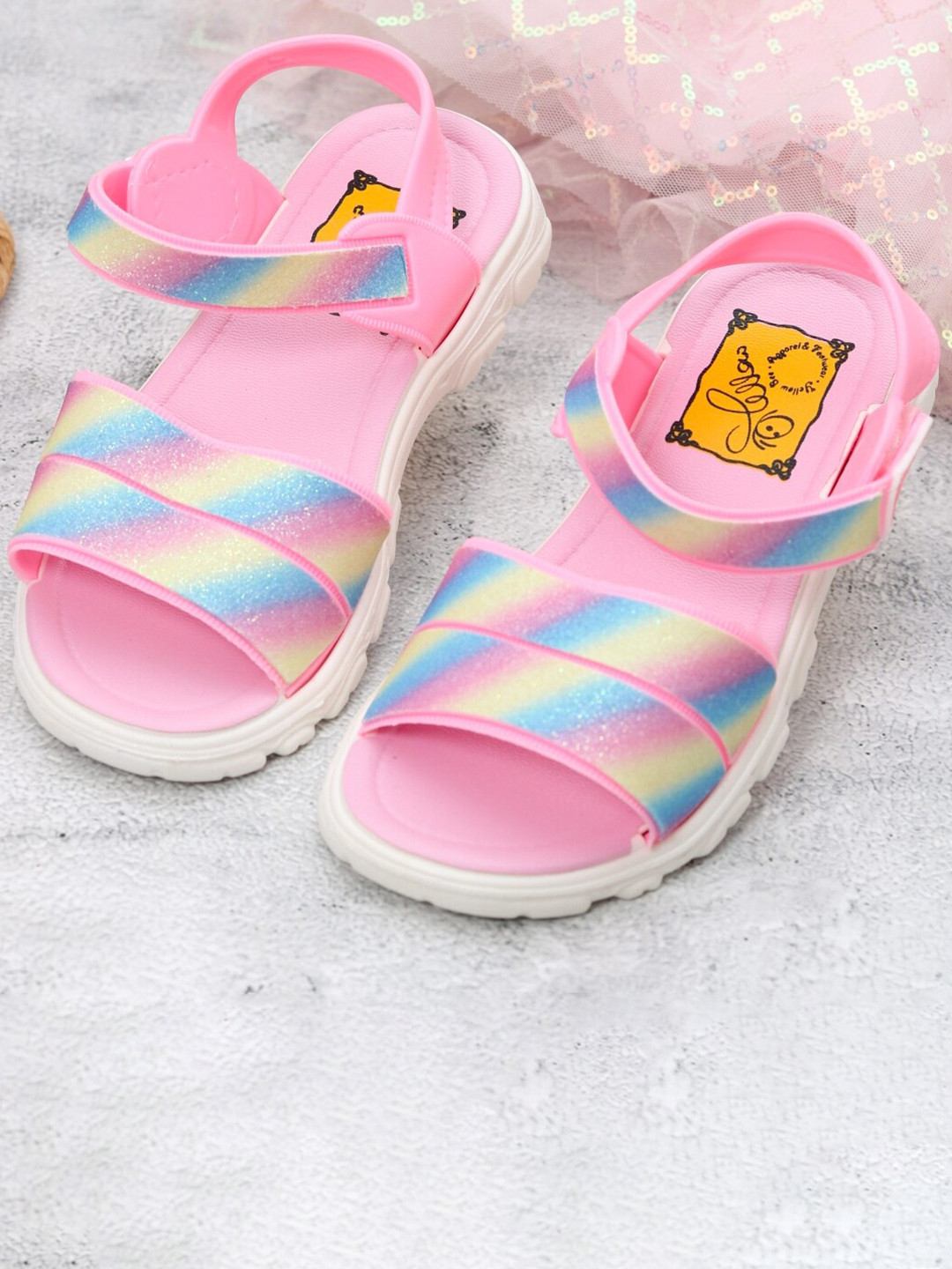 Yellow Bee Girls Striped Open Toe Flats With Velcro Closure