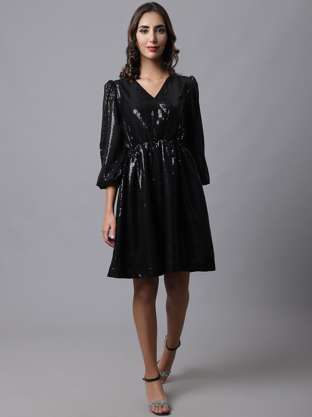 MARC LOUIS V-Neck Georgette Fit & Flare Dress