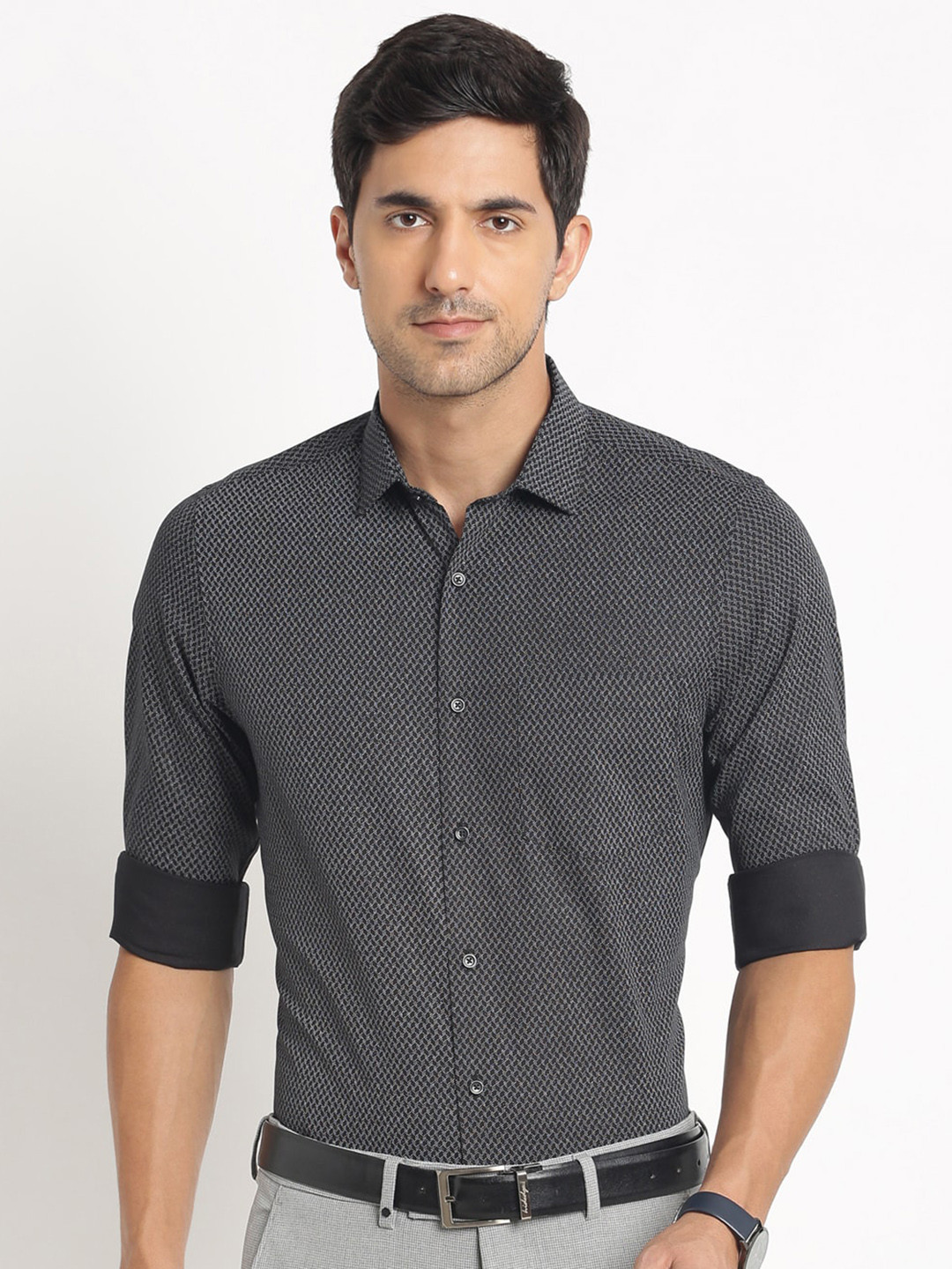 Turtle Modarn Micro & Disty Printed Slim Fit Spread Collar Formal Shirt