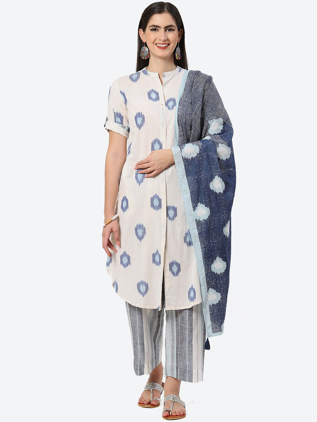 Biba Abstract Printed Roll-Up Sleeves Mandarin Collar Kurta with Palazzos & Dupatta