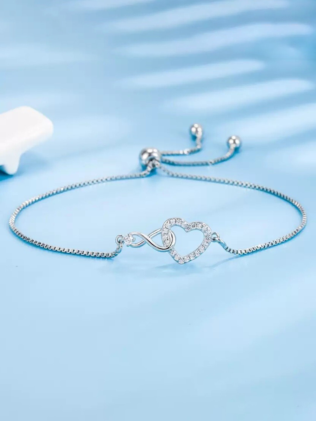 MYKI Women Silver-Plated Heart Cubic Zirconia Link Bracelet