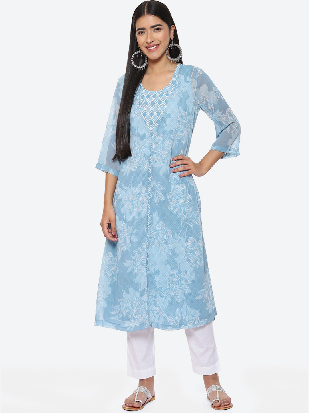 Biba Floral Printed Sleeveless Kurta With Jacket