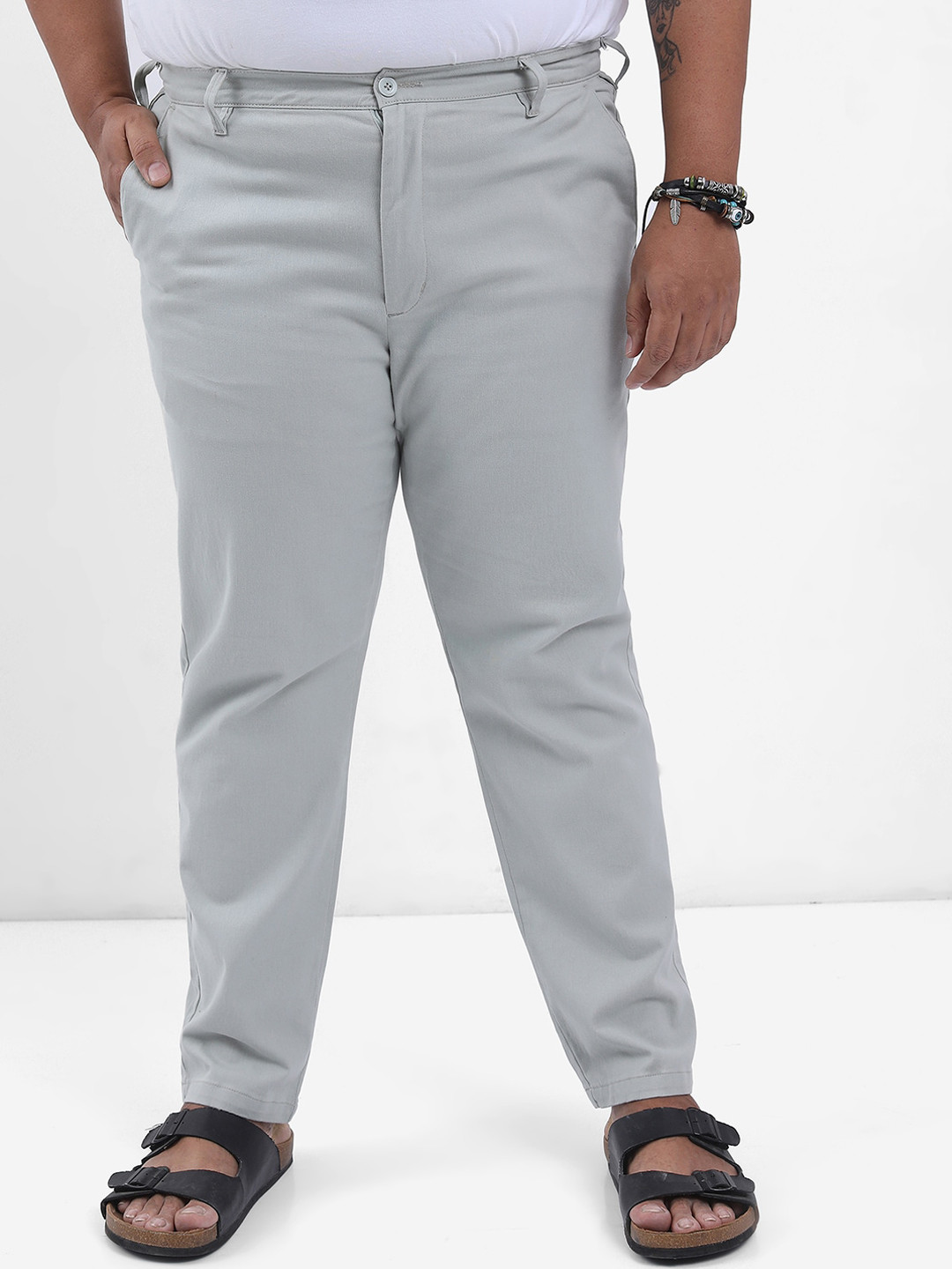 HIGHLANDER Men Grey Plus Size Slim Fit Chinos Trousers