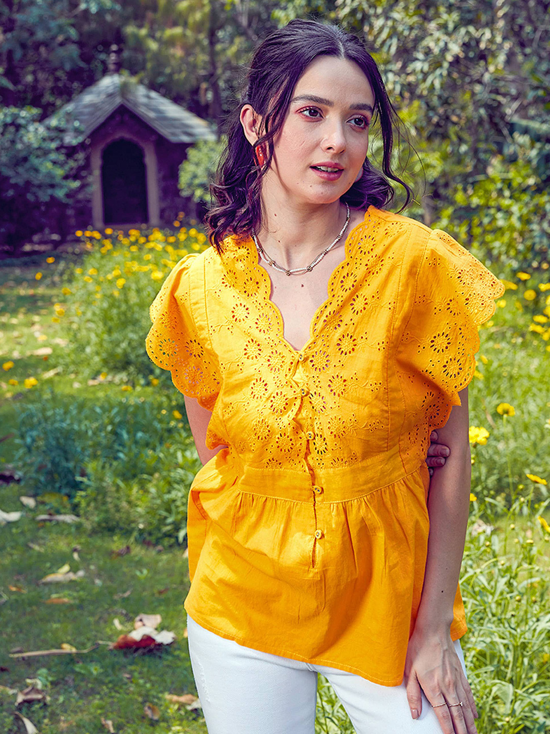 SASSAFRAS Self Design Kimono Sleeves Pure Cotton Schiffli Top